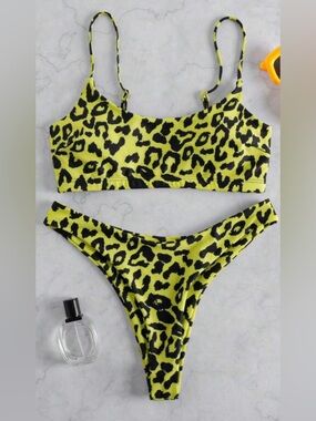 Neon green cheetah print bikini set